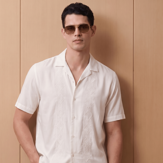 Relaxed fit ivory Cuban collar shirt with tonal geometric embroidery on man