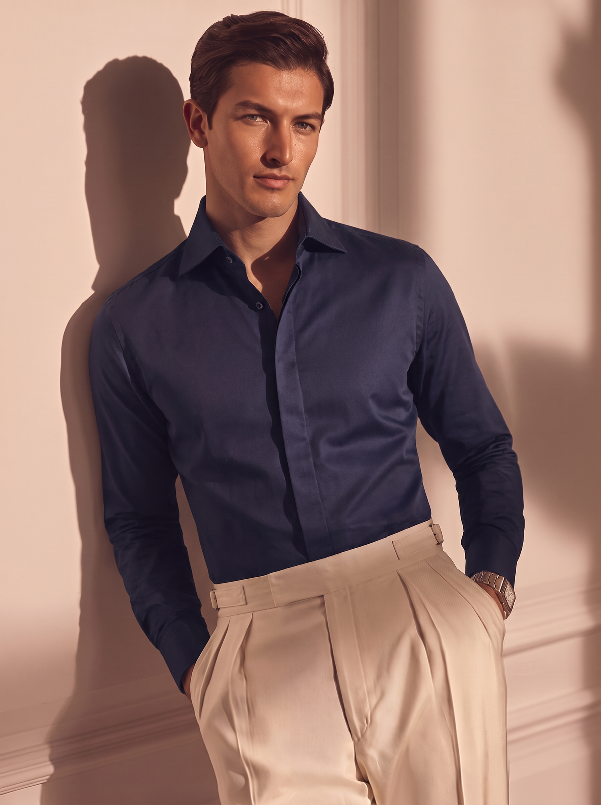 Deep Navy Cotton Satin Cutaway Collar Shirt | Old Money Edition