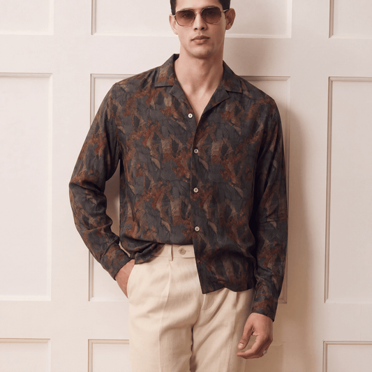 Men's cool-touch Cuban collar viscose shirt with abstract rust and gray organic shapes