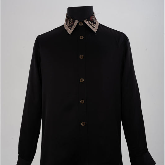 Front view of black linen-satin shirt with intricate floral embroidery on collar