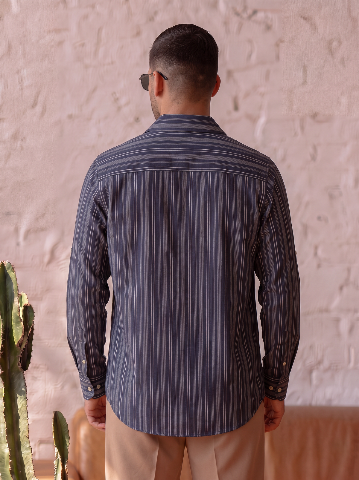 Navy Stripe Half Placket Linen Blend Polo Shirt