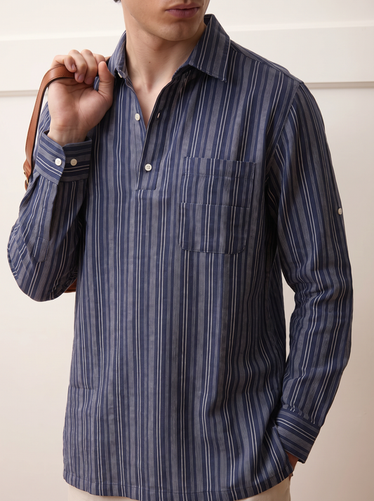 Navy Stripe Half Placket Linen Blend Polo Shirt