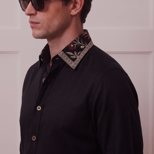 Embroidered Black Linen-Satin Shirt With Sheen| The Grace Edition
