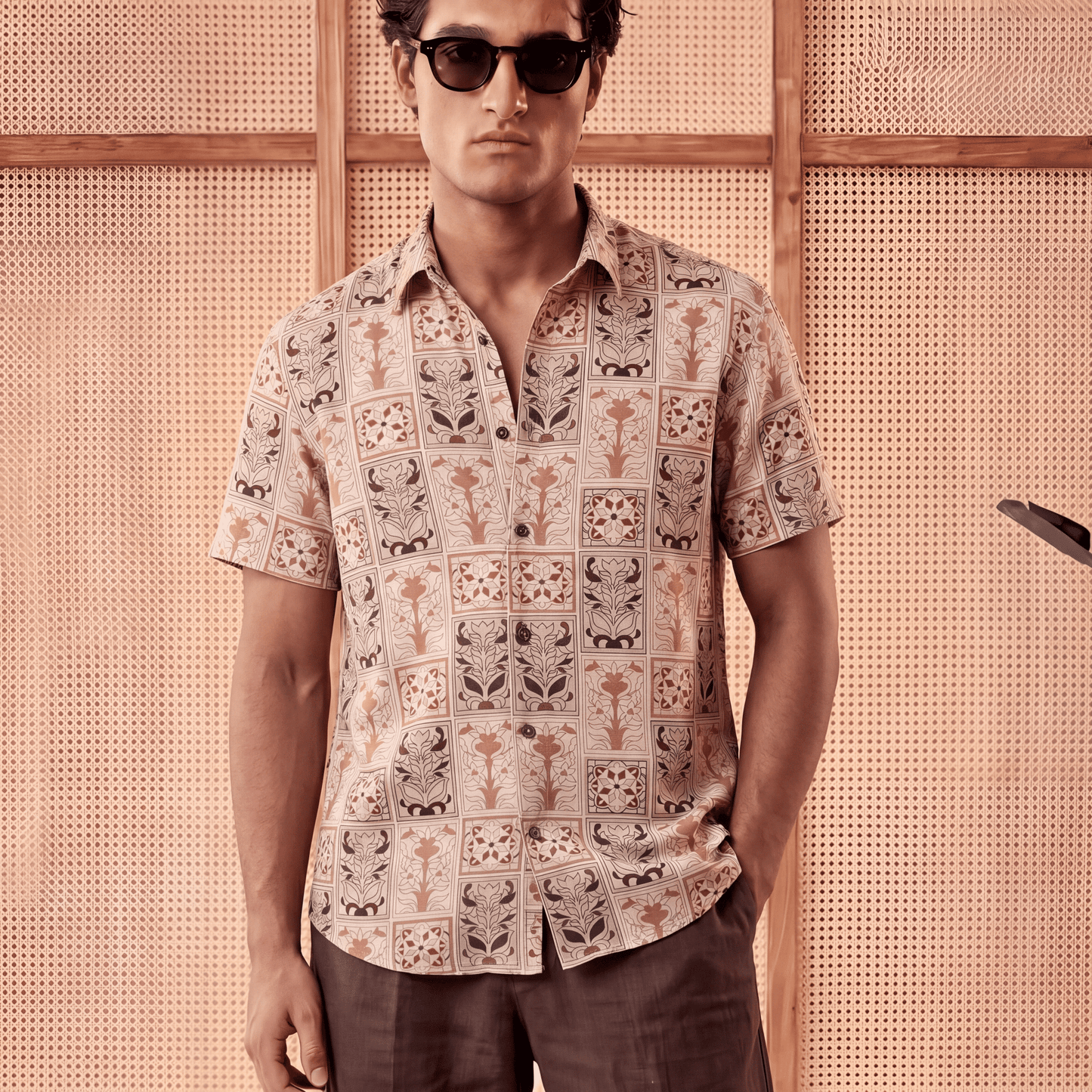 Men's beige terracotta geometric printed viscose shirt with floral motifs