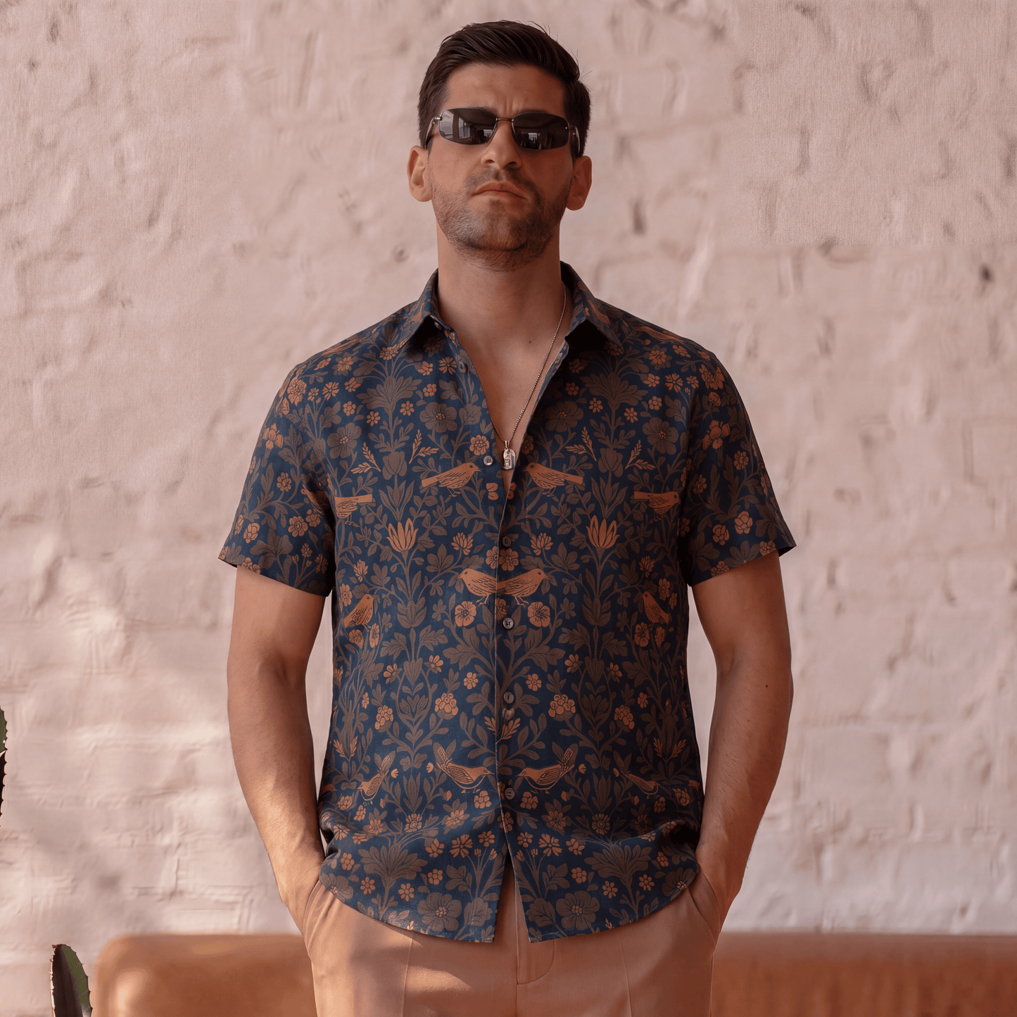 Navy blue Palace Garden linen shirt with bird and floral motifs