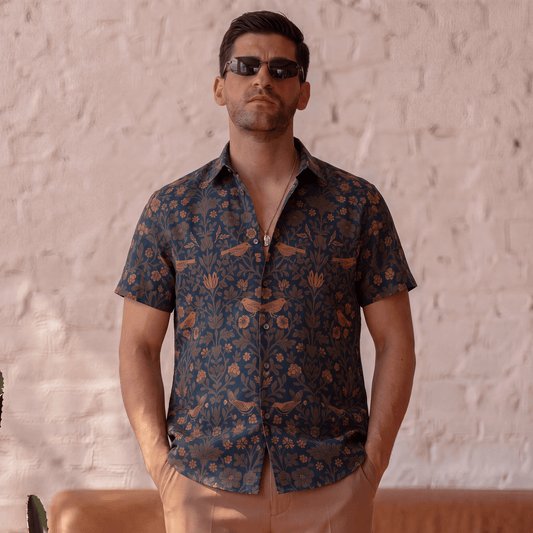 Navy blue Palace Garden linen shirt with bird and floral motifs