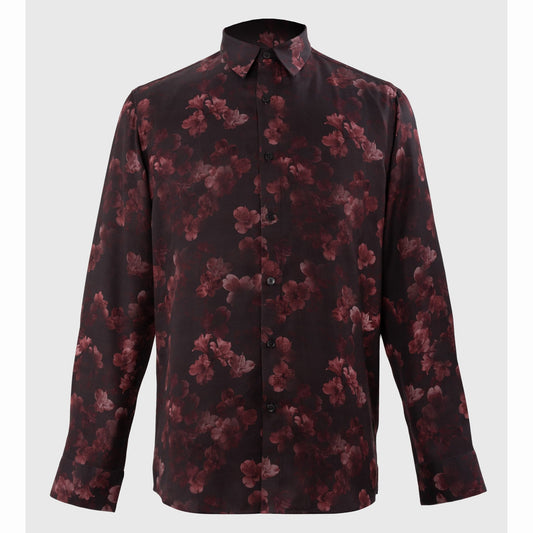 Flat lay of Midnight Rose evening shirt with deep red florals