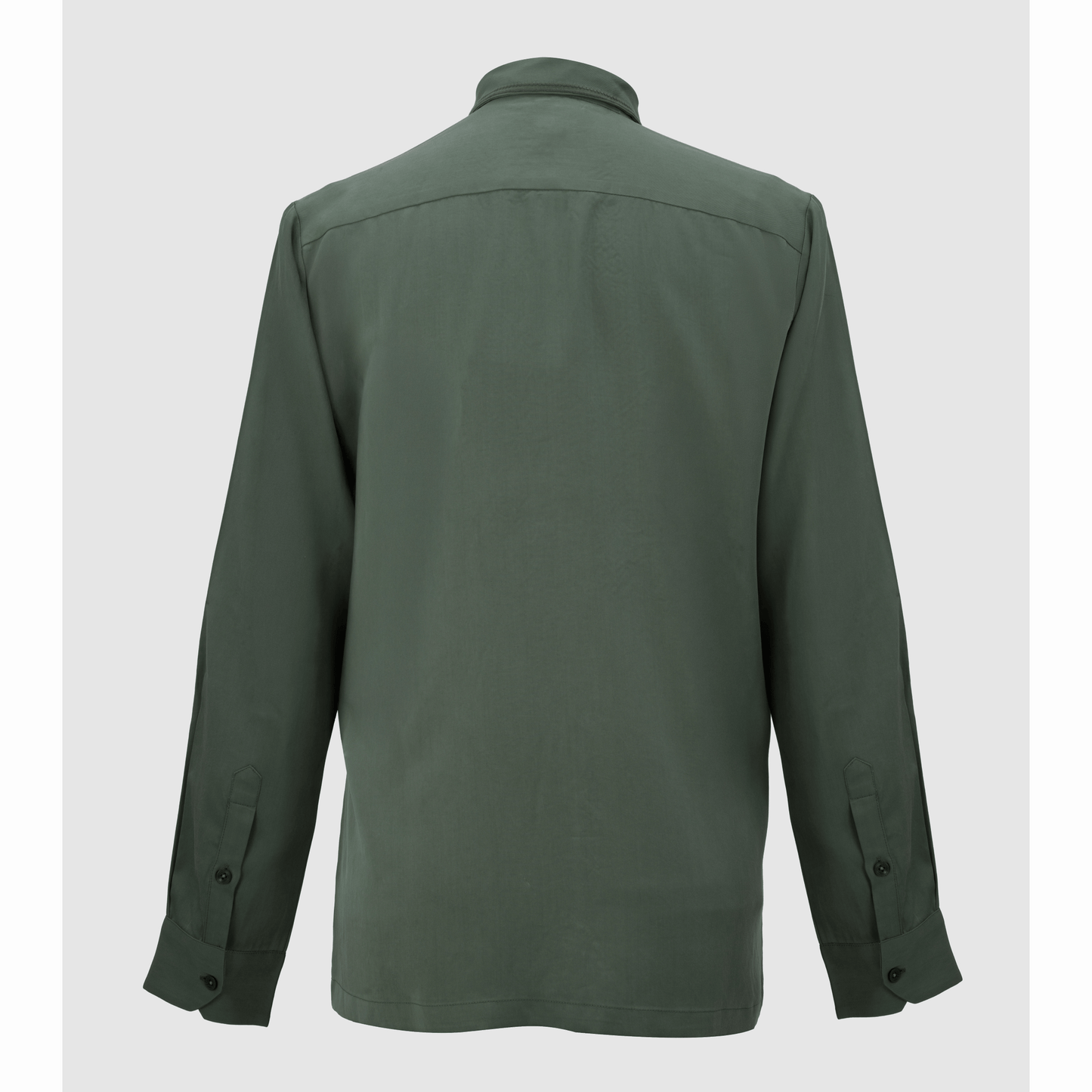 Olive green Tencel shirt back view with smooth drape and seam details