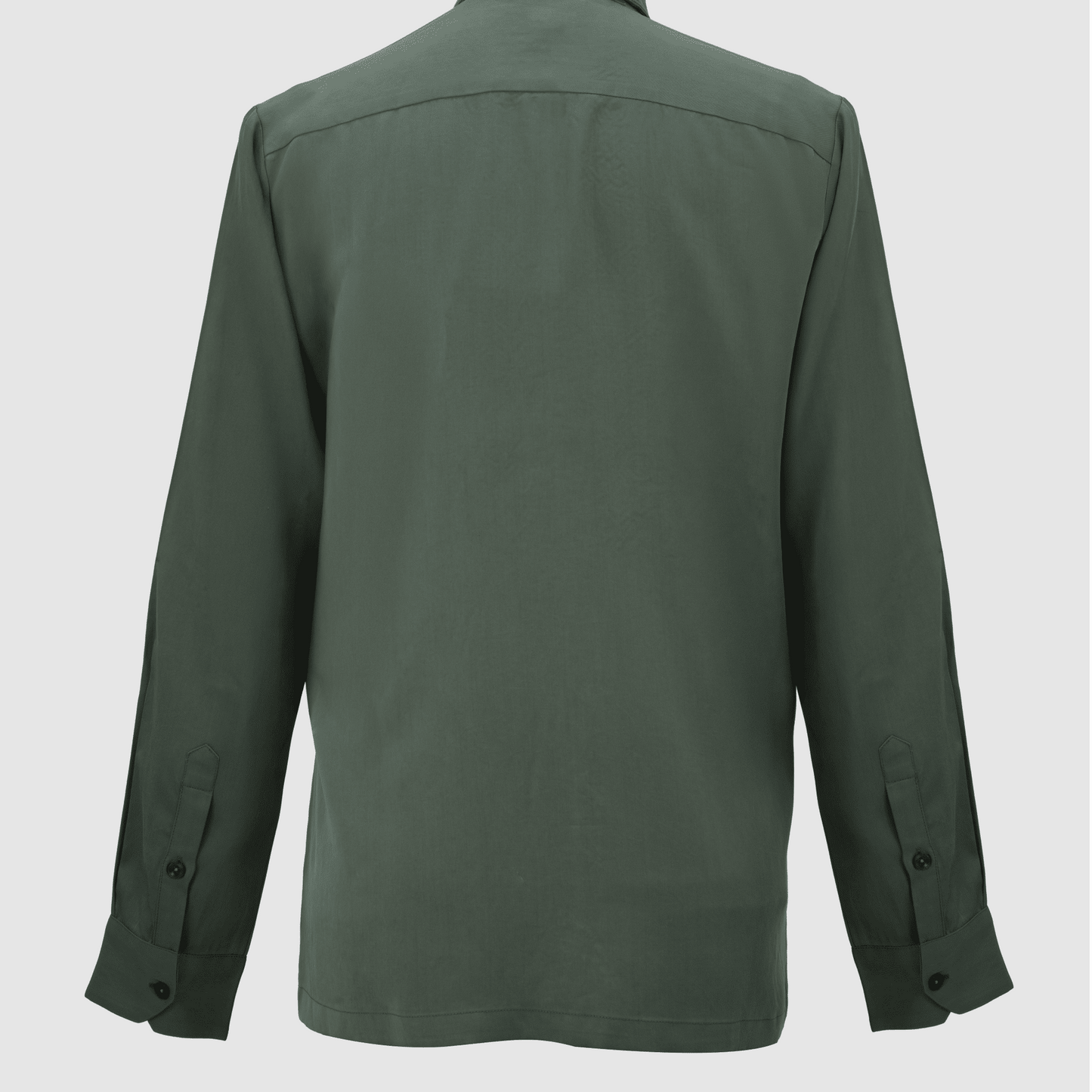 Olive green Tencel shirt back view with smooth drape and seam details