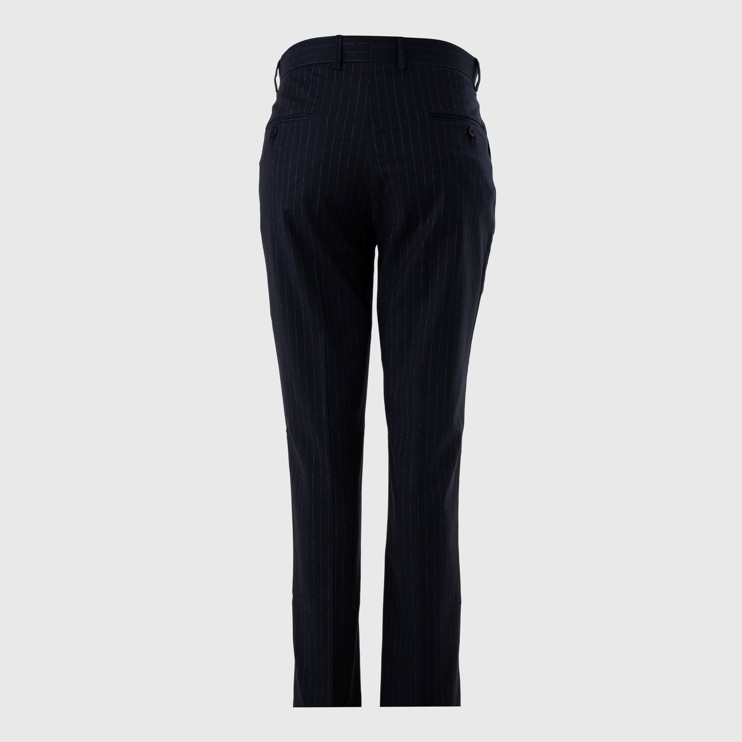 navy pinstripe pants on a light gray background