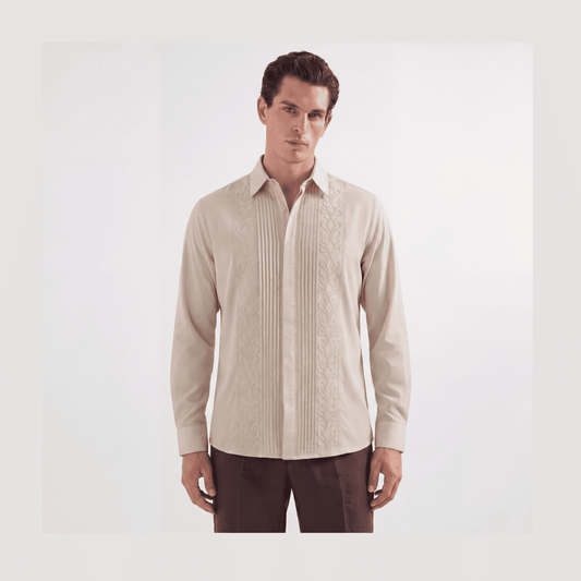 Cream pleated embroidered Tencel shirt front view on model