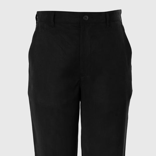 Black Lyocell-Linen classic fit trousers with twill weave and flat front