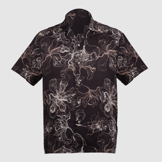 Black floral viscose satin Cuban collar shirt with relaxed fit