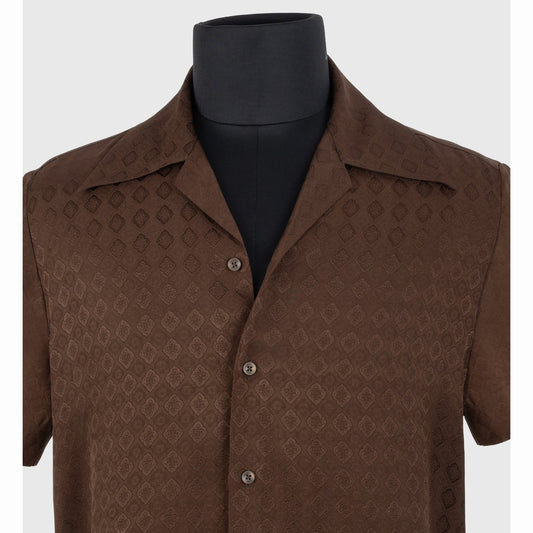 Close-up of brown viscose jacquard shirt button placket and collar