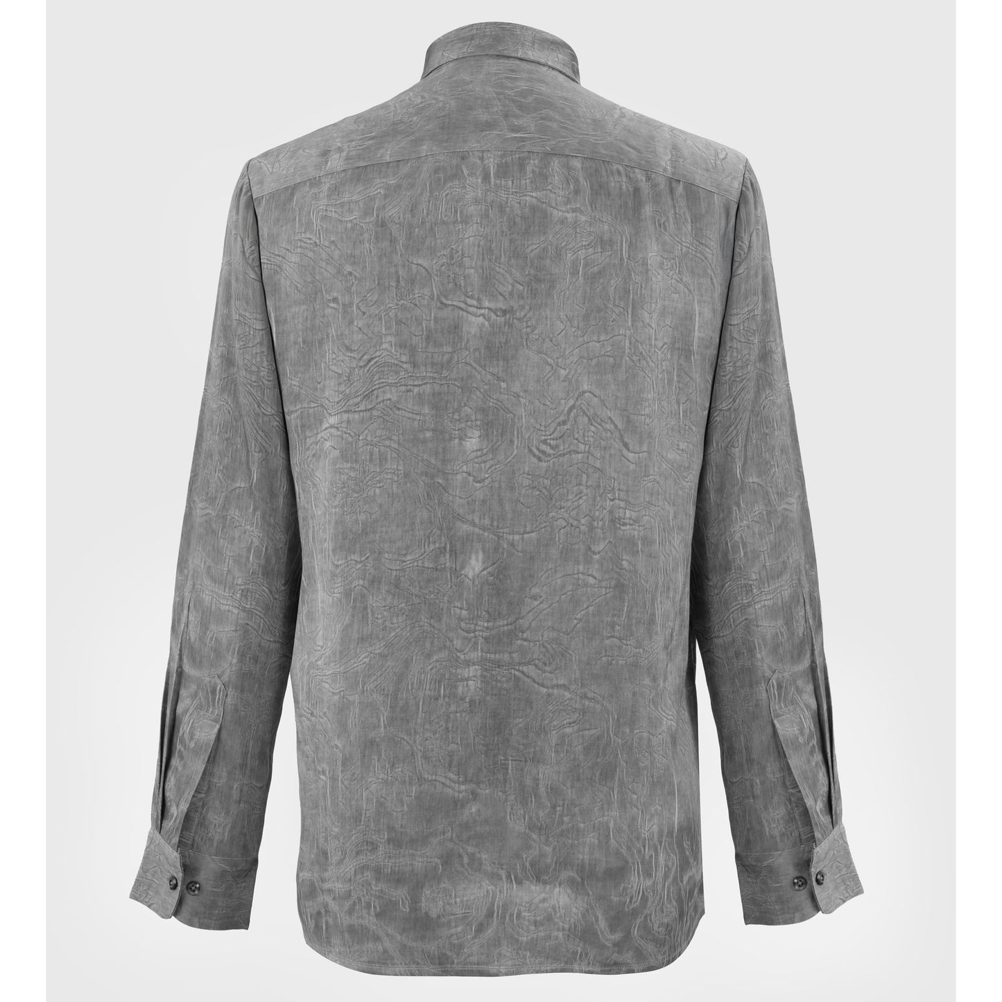 Back view of gray-black viscose jacquard shirt with tonal weave