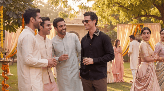 man wearing an artisanal embroidery shirt in a day wedding function , woman admiring his look , other men dressed up in same kurtas