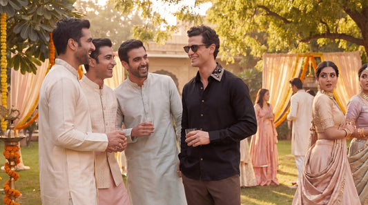 man wearing an artisanal embroidery shirt in a day wedding function , woman admiring his look , other men dressed up in same kurtas