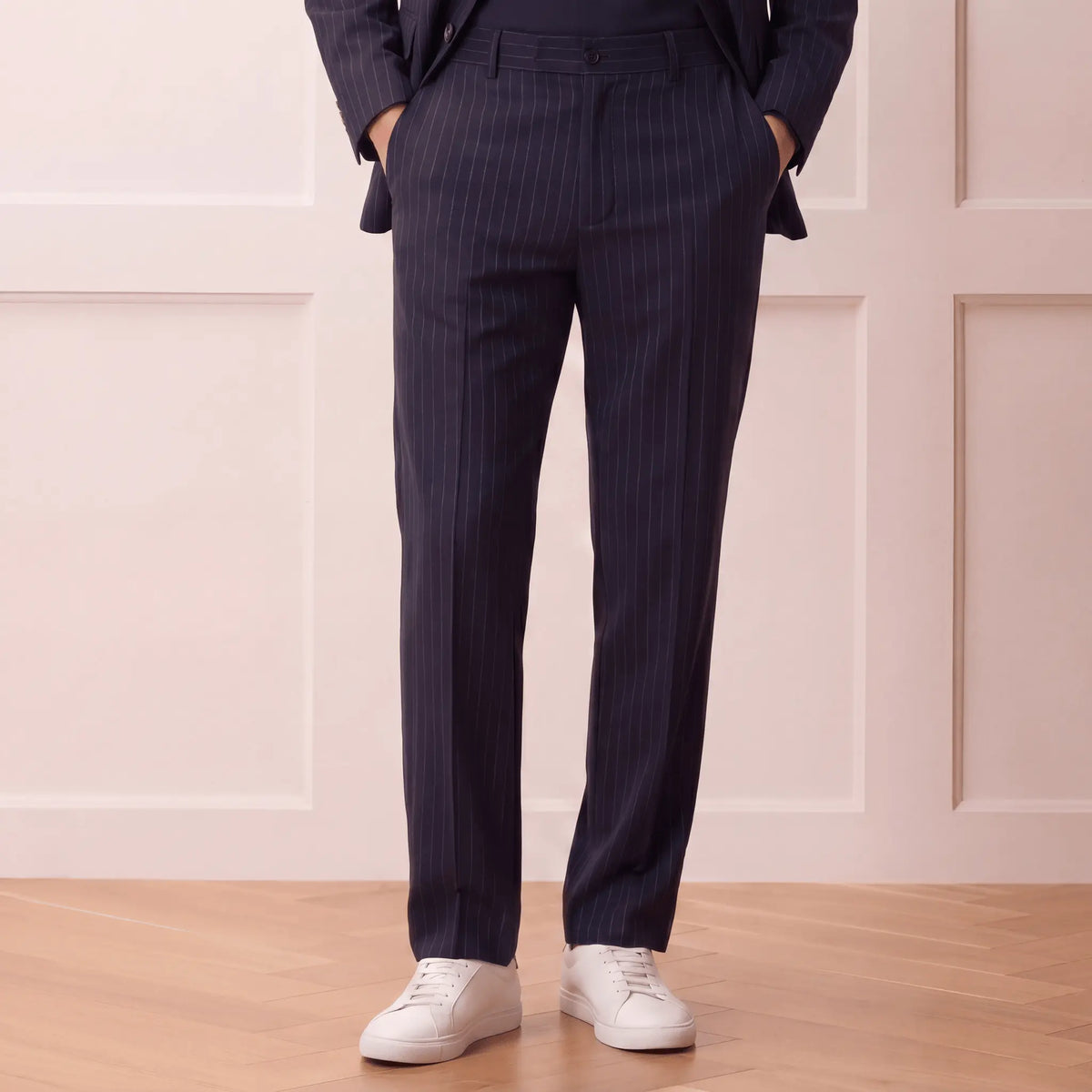 Navy Lurex-Stripe Trouser Classic Fit with pleats and subtle sheen