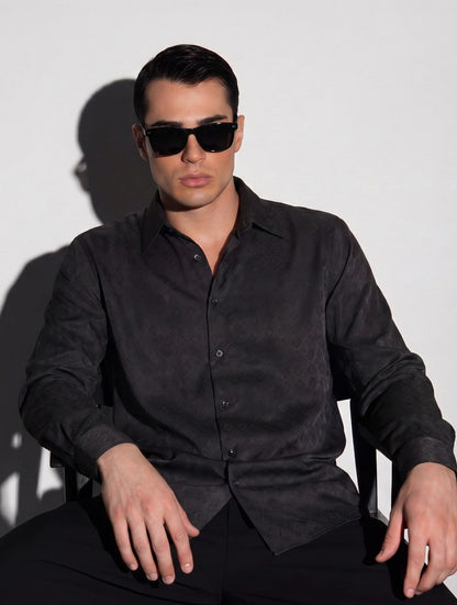 Lustrous Midnight: An Intricate-Weave Viscose Jacquard Black Shirt| The Privé Edition