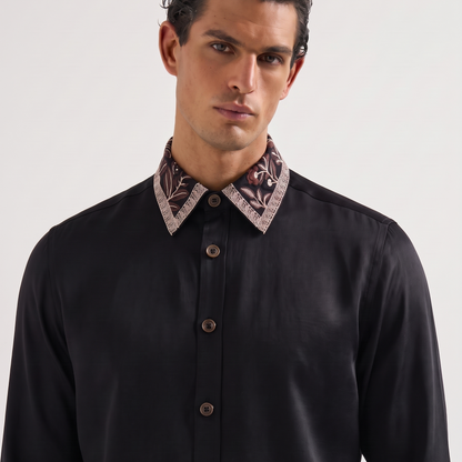 Embroidered Black Linen-Satin Shirt With Sheen| The Grace Edition 