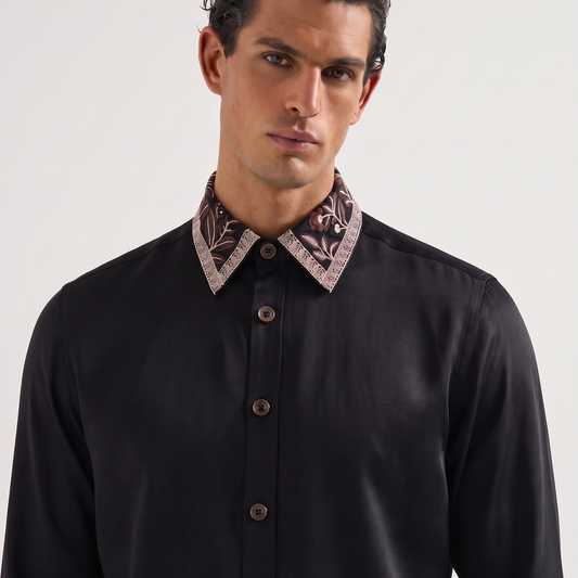 Embroidered Black Linen-Satin Shirt With Sheen| The Grace Edition