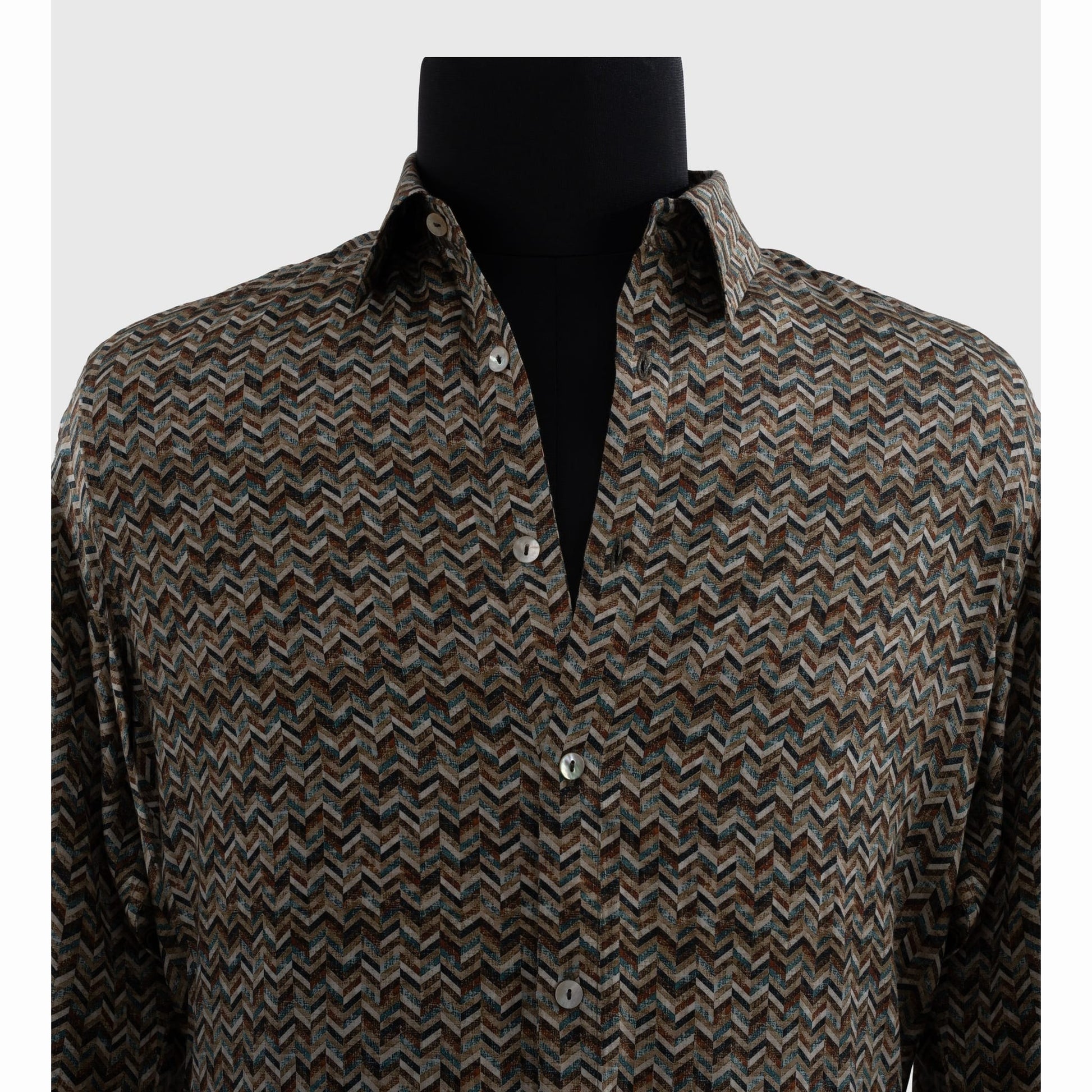 Close-up of men's earthy tone chevron viscose shirt fabric detail