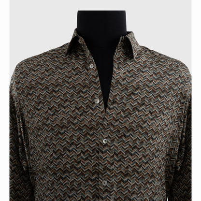Close-up of men's earthy tone chevron viscose shirt fabric detail