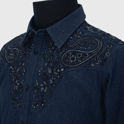 Blue Denim embroidered shirt on a mannequin with a white background