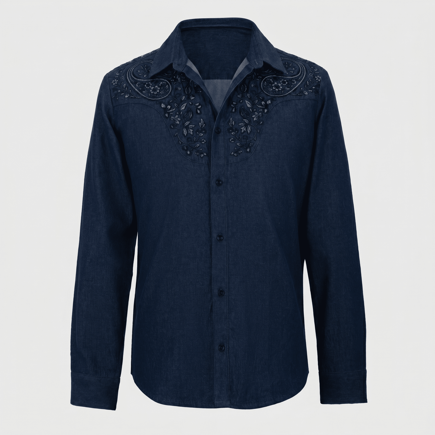 Denim Blue shirt with intricate embroidery on a light gray background