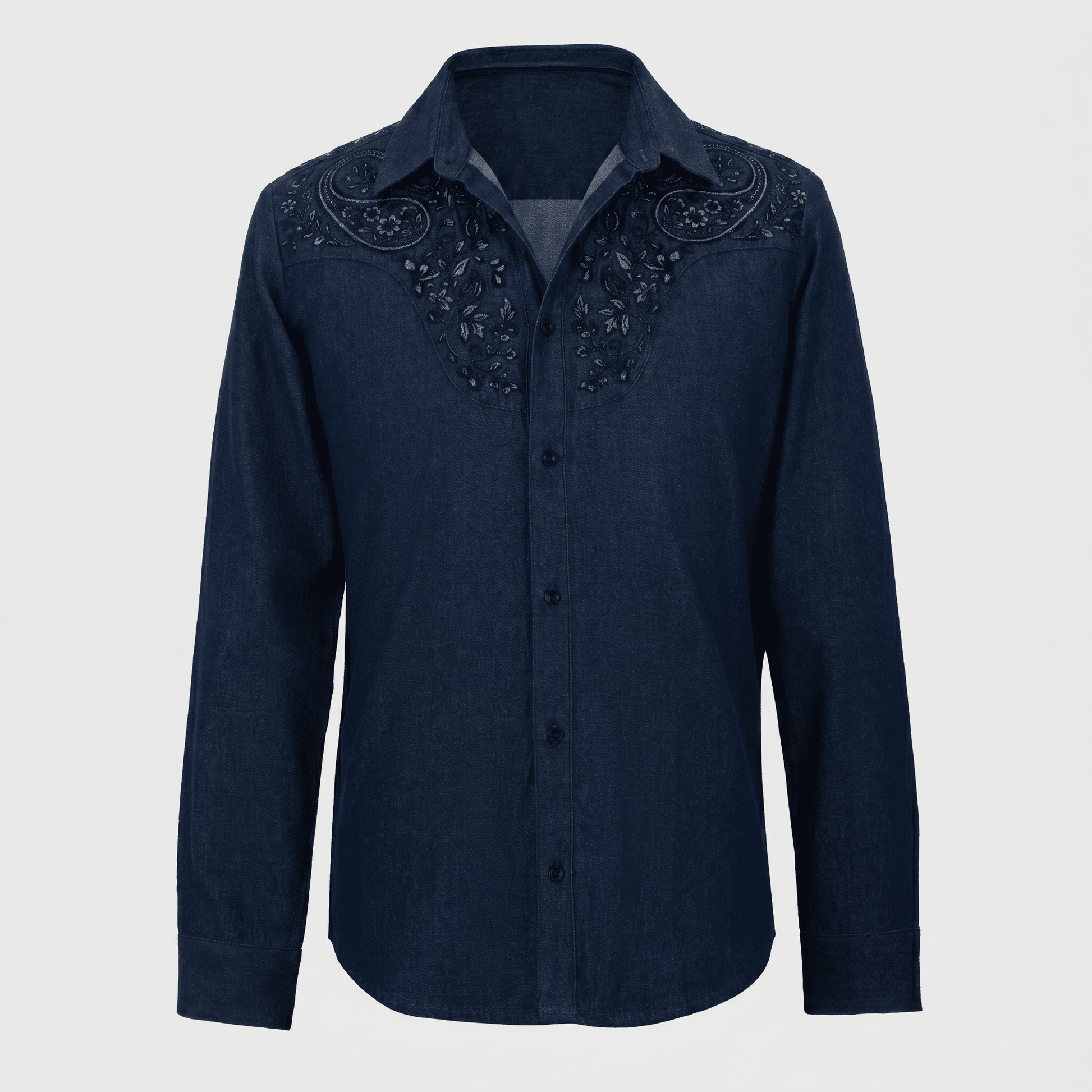 Denim Blue shirt with intricate embroidery on a light gray background