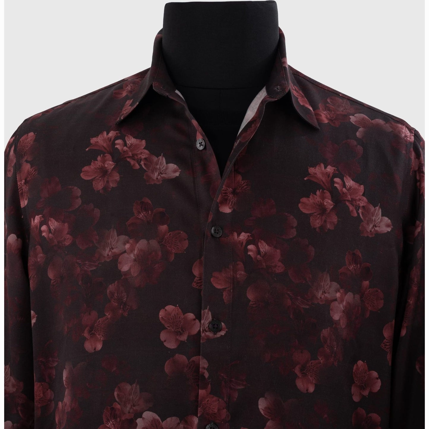 Midnight Rose viscose satin evening shirt with burgundy floral print