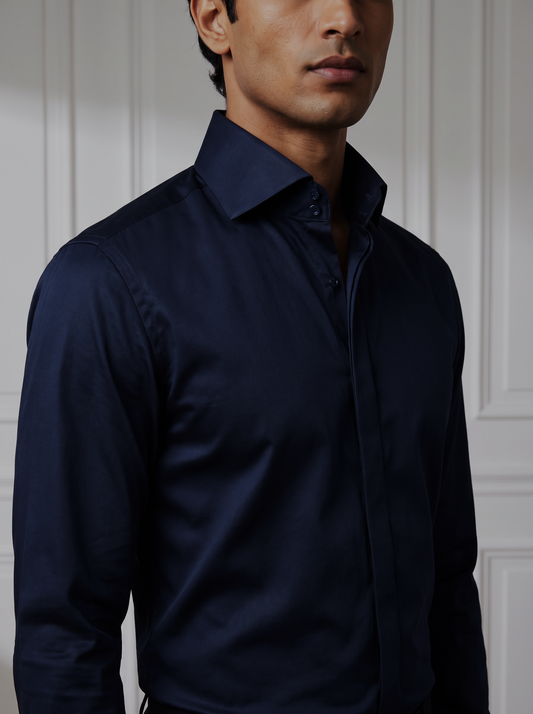 Deep Navy Cotton Satin Cutaway Collar Shirt | Old Money Edition 