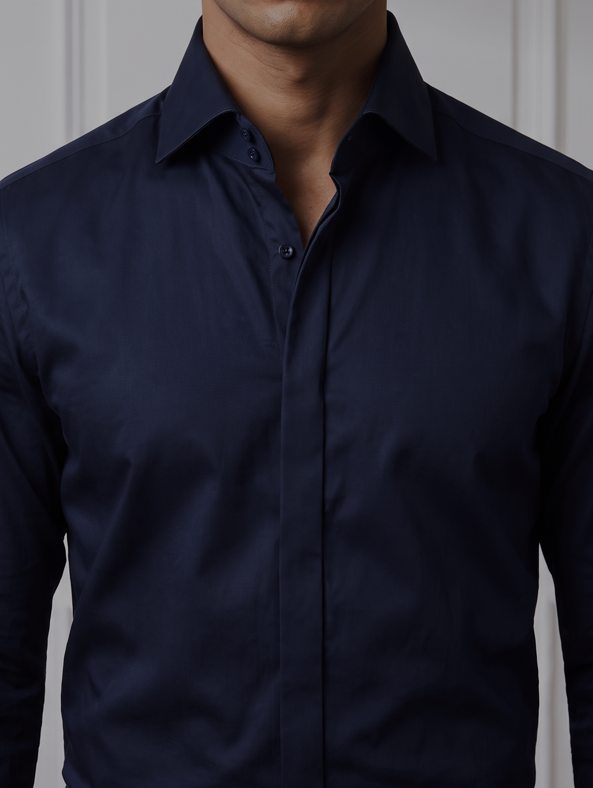 Deep Navy Cotton Satin Cutaway Collar Shirt | Old Money Edition 