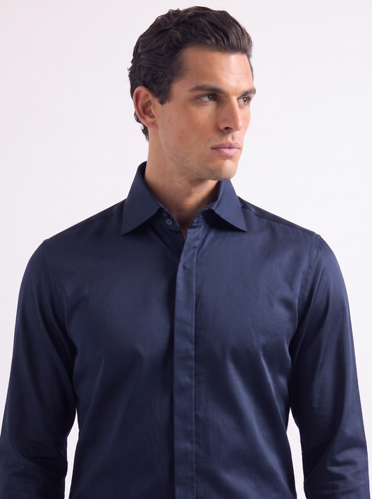 Deep Navy Cotton Satin Cutaway Collar Shirt | Old Money Edition 