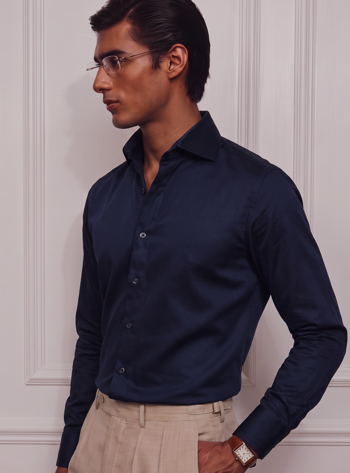 Deep Navy Cotton Satin Cutaway Collar Shirt | Old Money Edition 