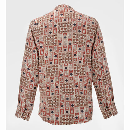 Back view of terracotta and navy geometric print viscose shirt with architectural motifs