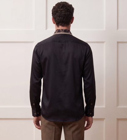 Embroidered Black Linen-Satin Shirt With Sheen| The Grace Edition 