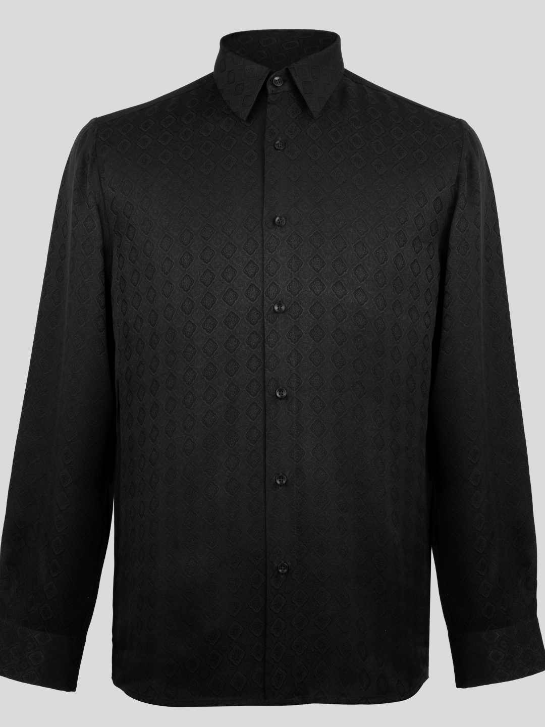 A black long-sleeve button-up shirt with a subtle geometric damask pattern, shown on a neutral gray background.