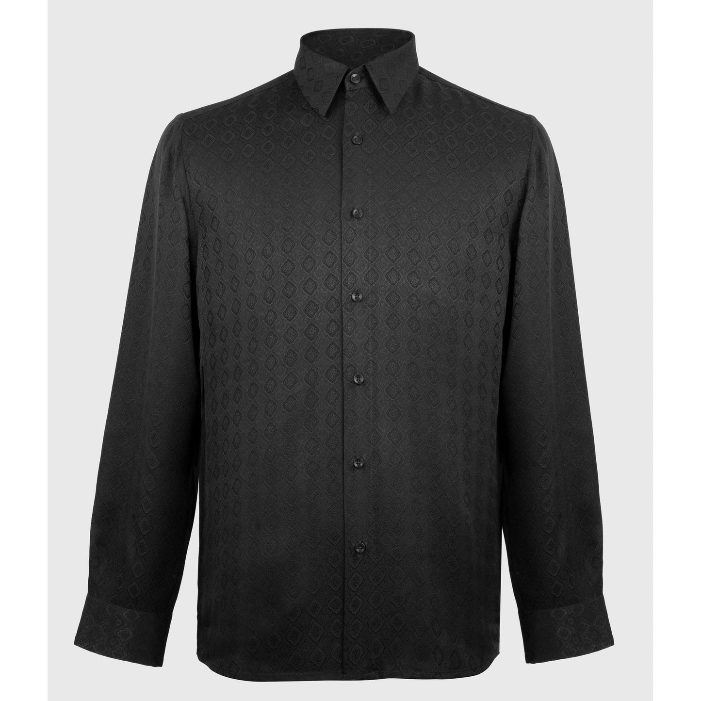 Full front view of black long sleeve button-up shirt with diamond jacquard
