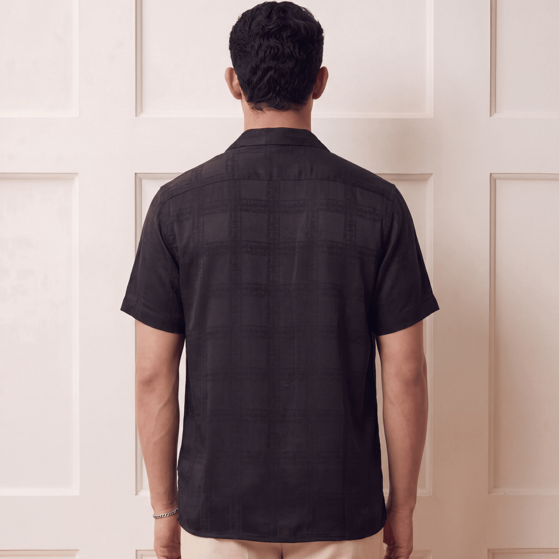 Dark gray relaxed fit viscose jacquard shirt back view with Cuban collar