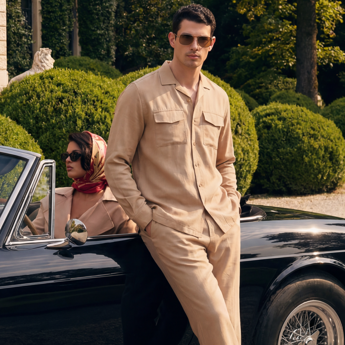 A man in a beige button-up shirt and matching trousers leans against a black vintage convertible car outdoors, with a woman in a matching beige outfit and headscarf seated in the driver's seat. The setting features manicured green hedges and trees.