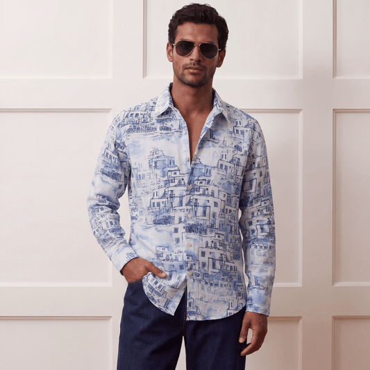 Coastal Archive linen shirt with blue white architectural print worn untucked