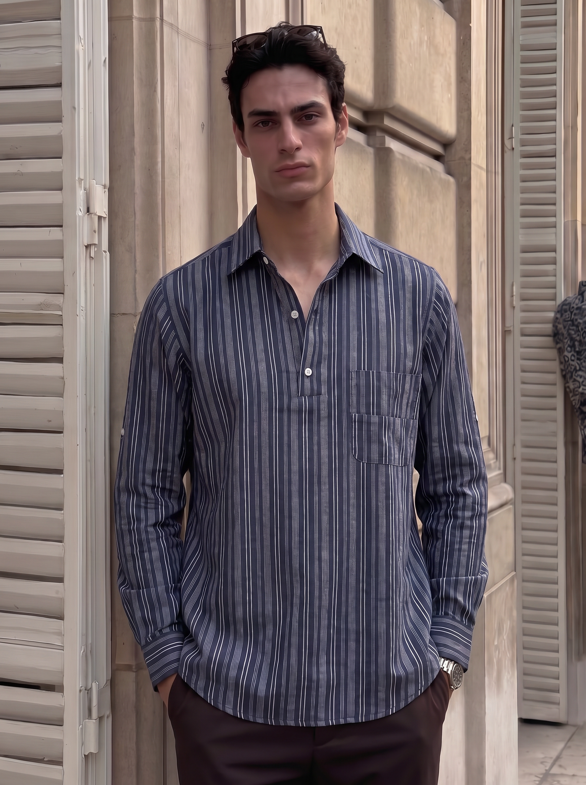 Navy Stripe Half Placket Linen Blend Polo Shirt 