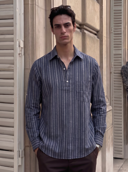 Navy Stripe Half Placket Linen Blend Polo Shirt 