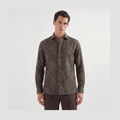 Brown and taupe paisley viscose button-up shirt on dark gray