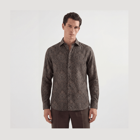 Brown and taupe paisley viscose button-up shirt on dark gray