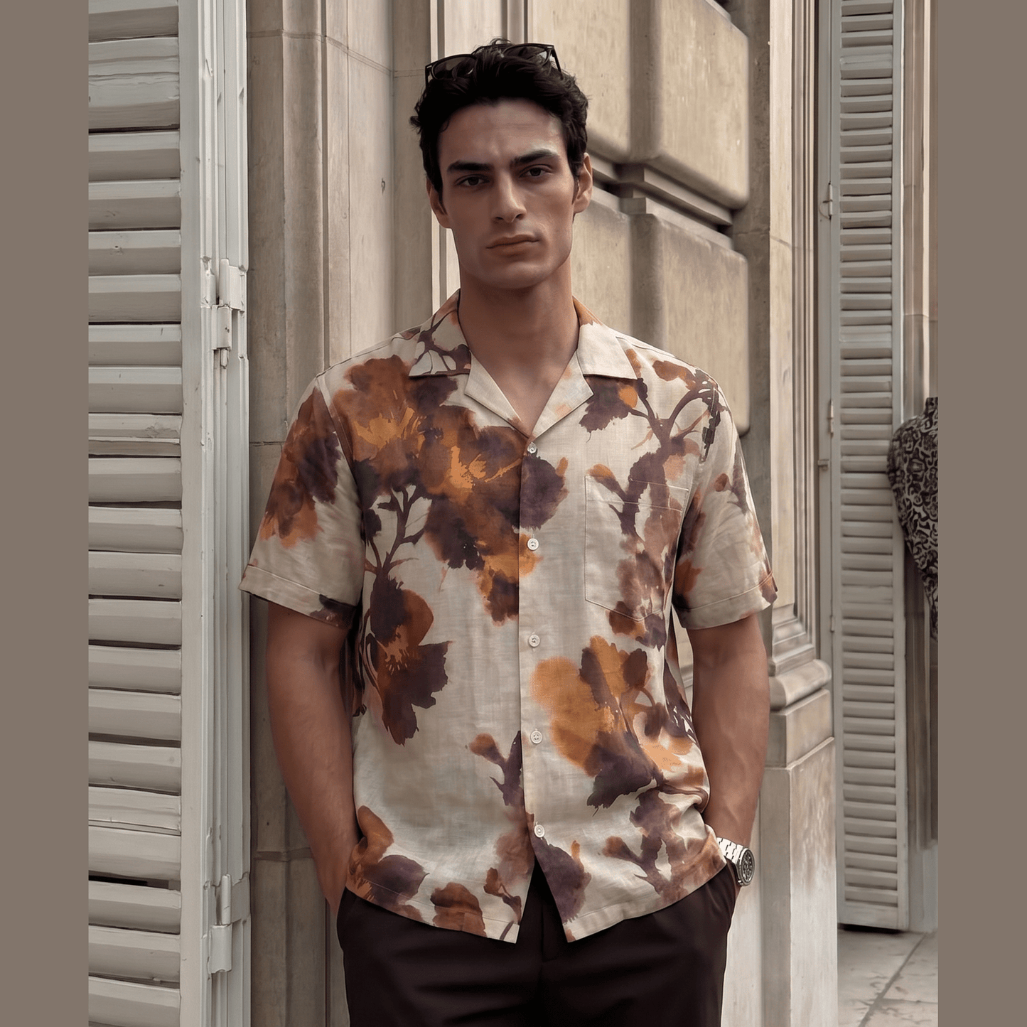 Japan Inspired Autumn Leaves Linen Blend Cuban Shirt| The Prive' Edition