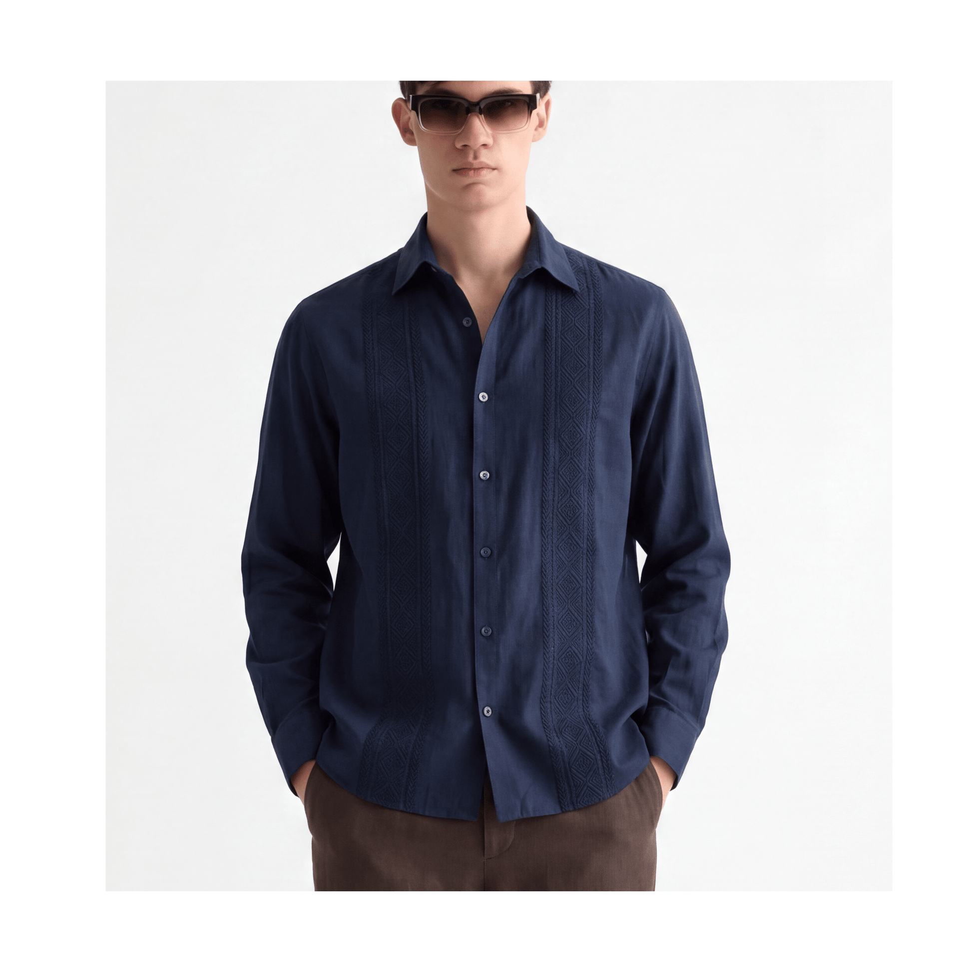 Men's navy embroidered cotton silk shirt front view