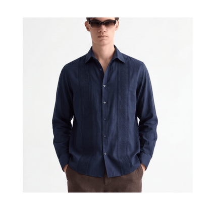 Men's navy embroidered cotton silk shirt front view