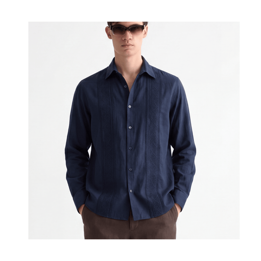 Men's navy embroidered cotton silk shirt front view